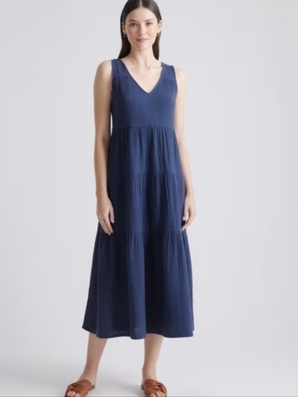 Quince 100% Organic Cotton Gauze Tiered Maxi Dress Indigo Blue Medium M